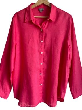 J. Jill Linen Button Down Shirt Peony Pink Relaxed Casual Coastal Sz Medium
